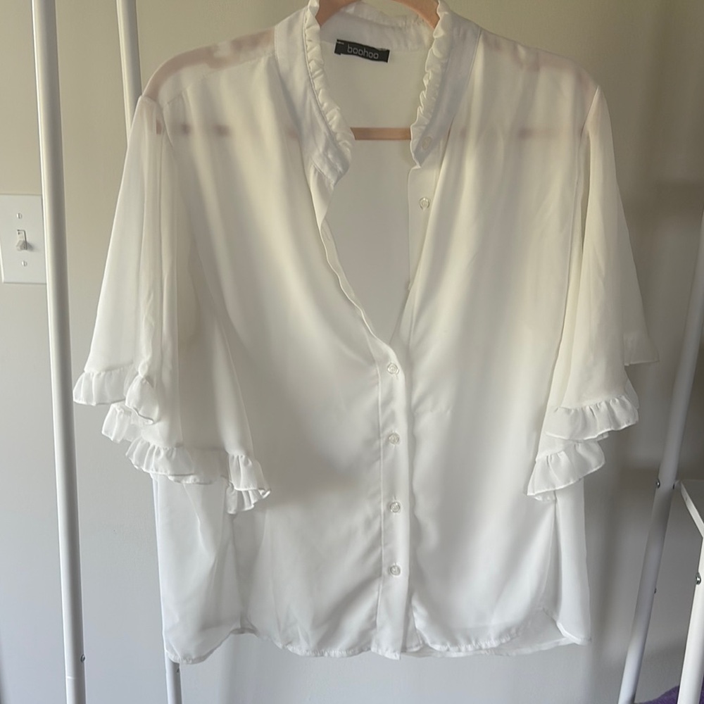 Boohoo White Ruffle Angel Sleeve Blouse